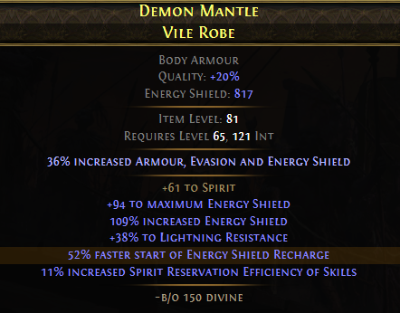 A finished, high-value Energy Shield body armour for a minion build.