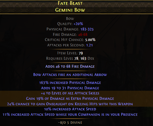 A finished, high-DPS Gemini Bow crafted with the 0.3.0 method.