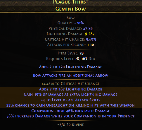A finished, high-DPS Lightning/Crit Gemini Bow.
