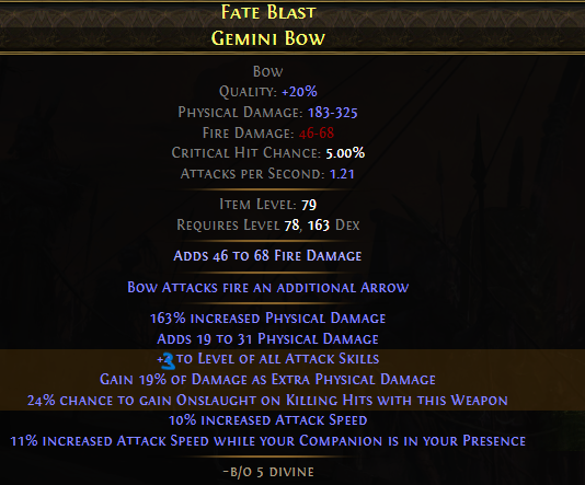 A finished, high-DPS Gemini Bow crafted with the 0.4.0 method.