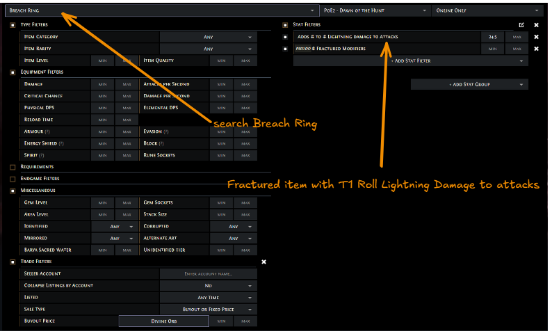 Official POE2 trade site configured to search for a fractured Breach Ring with a lightning damage stat.