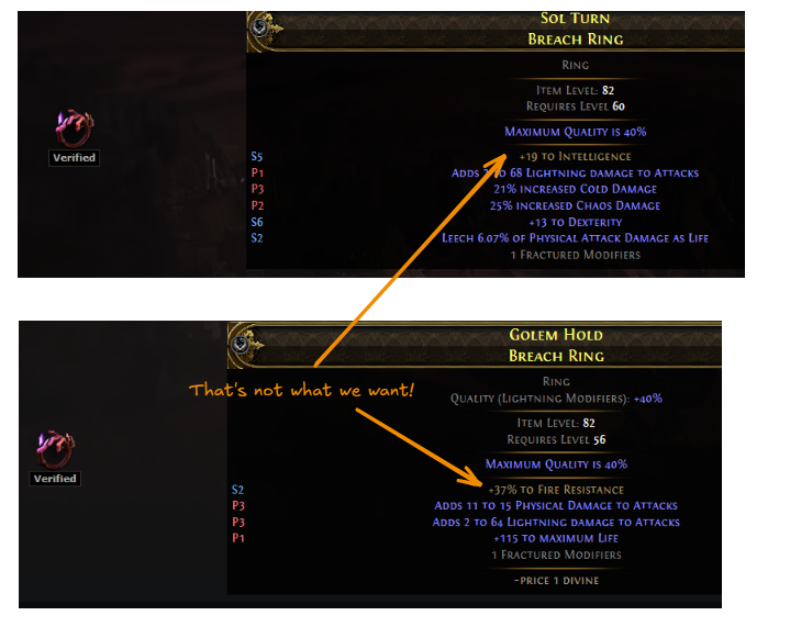 Search results on the official site showing two fractured rings, but neither has the desired lightning damage as the fractured modifier.