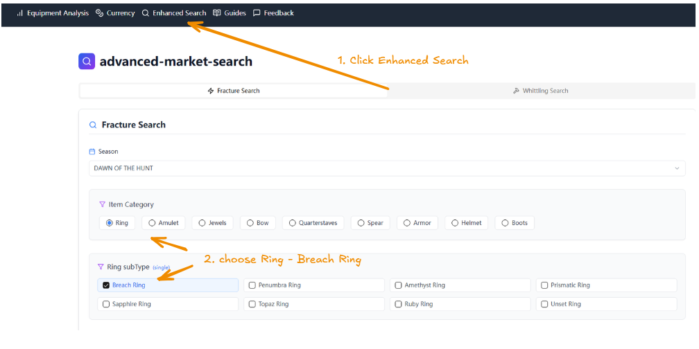 A screenshot of the POE2FUN website, with an arrow pointing to the "Enhanced Search" tab in the navigation bar.