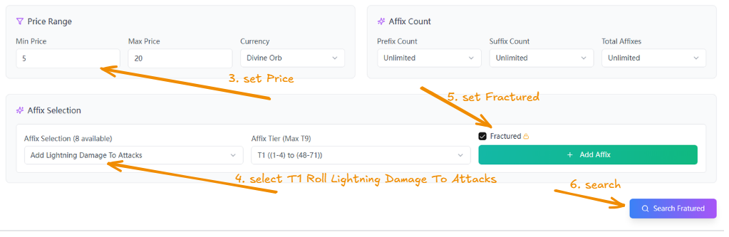 The POE2FUN affix selection interface showing the "Add Lightning Damage To Attacks" mod selected, the "Fractured" box checked, and a price range set.