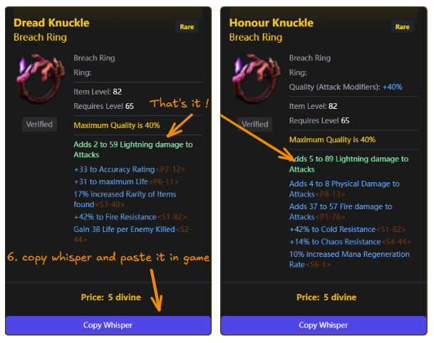 The final search results on POE2FUN, showing two Breach Rings that both have the specific, desired T1 fractured lightning damage mod, with one priced at 5 Divine Orbs.