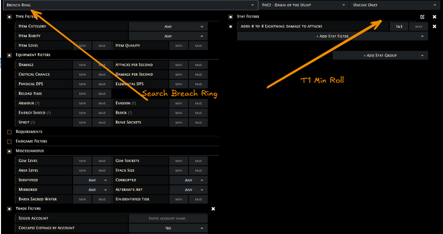 Official POE2 trade site showing a search for high-value lightning damage rings.