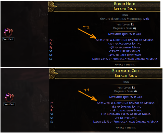 A search result on the official trade site showing two rings, one with a T2 lightning mod and one with a T1 lightning mod, demonstrating the search imprecision.