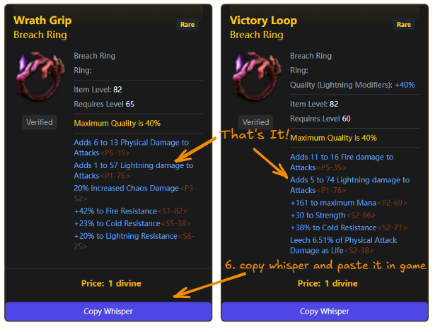 The final search results on POE2FUN, showing two Breach Rings that both have the desired T1 fractured lightning damage mod.