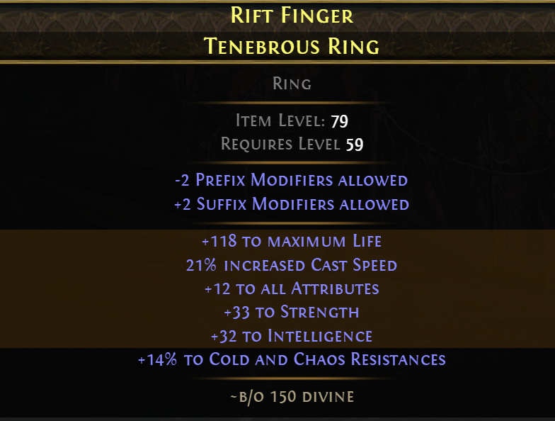 A finished, mirror-tier attribute stacking Tenebrous Ring.