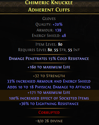 A finished, high-value pair of gloves for a Bloodmage build.
