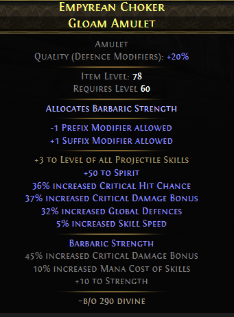 A finished, high-value +3 projectile skill level amulet for a Deadeye build.