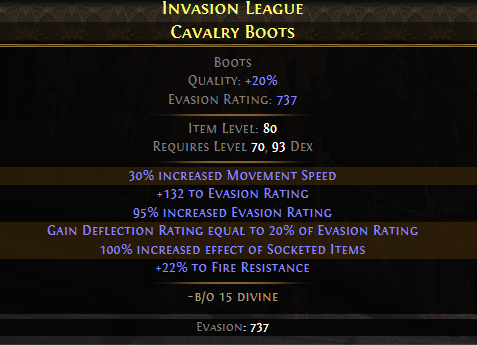 A finished, high-value pair of Evasion boots with high movement speed.