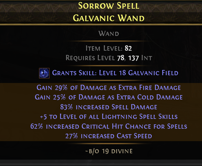 A finished, high-value +5 Lightning Skill Gem wand.