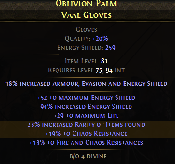 A finished, high-value pair of Energy Shield gloves for a minion build.