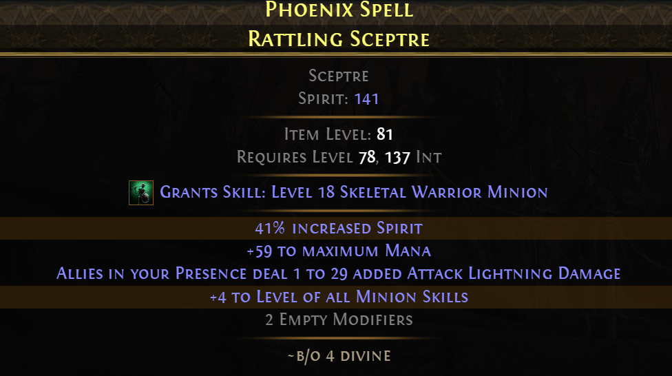 A finished, high-value +4 minion skill level sceptre.
