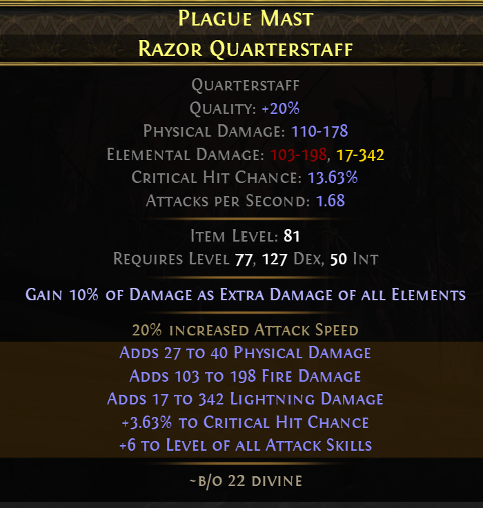 A finished, high-value +6 Attack Skill Gem Quarterstaff.